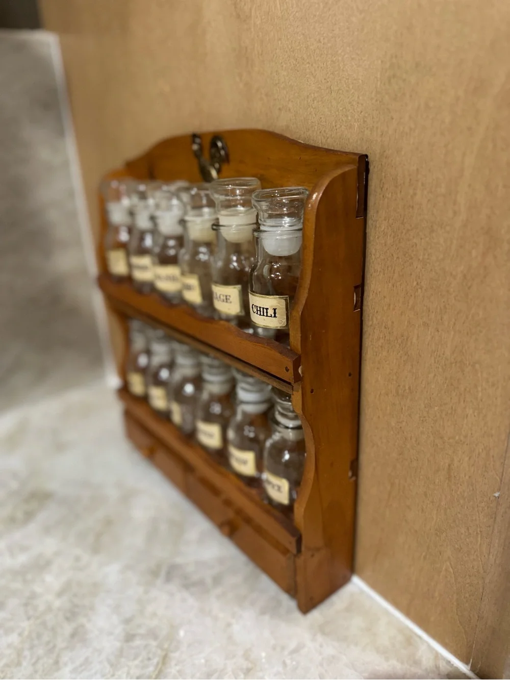 Vintage Wooden Spice Rack with Glass Jars - Brown